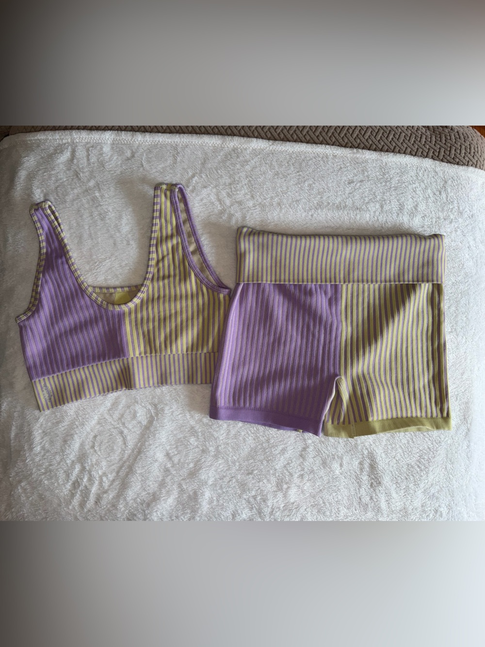 Striped Lavender & Olive Ribbed Active Set - Crop Tank + Biker Shorts - Picture 2 of 15